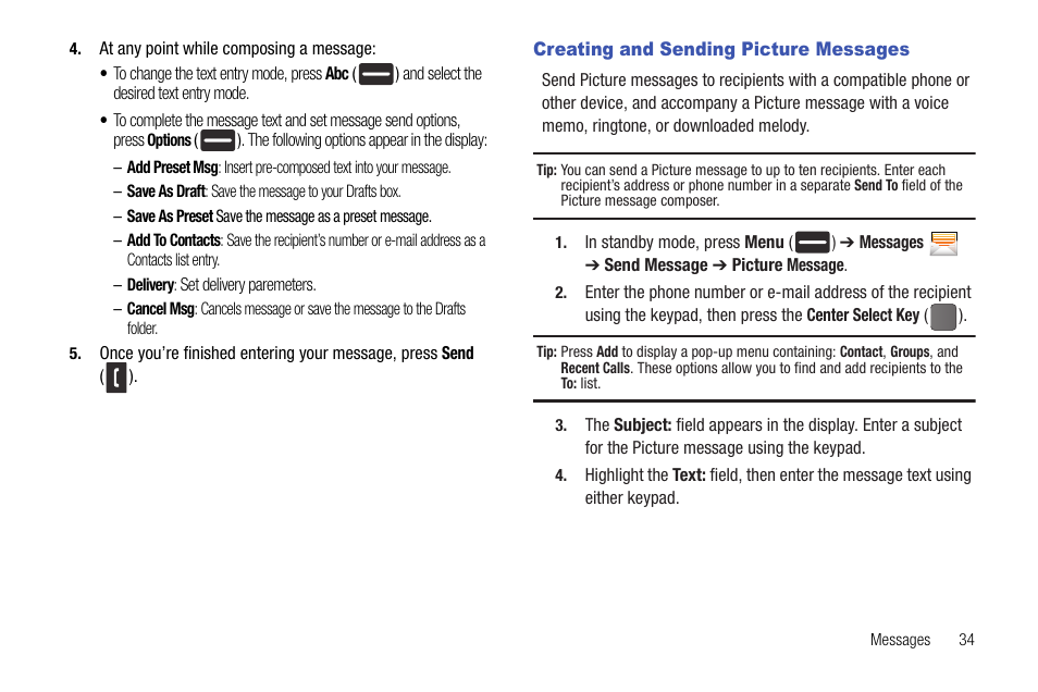 Creating and sending picture messages | Samsung DFX-5000 User Manual | Page 37 / 112