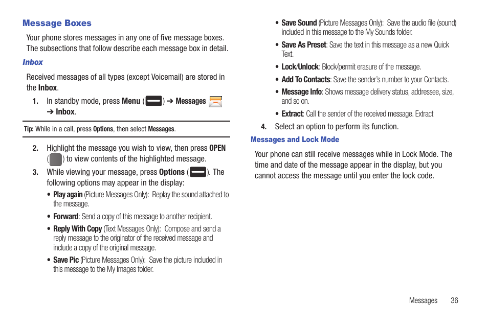 Message boxes, Inbox, Messages and lock mode | Samsung DFX-5000 User Manual | Page 39 / 112