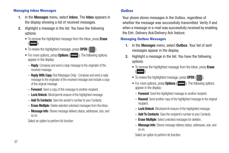 Managing inbox messages, Outbox, Managing outbox messages | Samsung DFX-5000 User Manual | Page 40 / 112