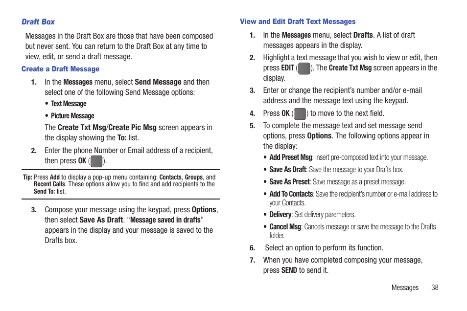 Draft box, Create a draft message, View and edit draft text messages | Samsung DFX-5000 User Manual | Page 41 / 112