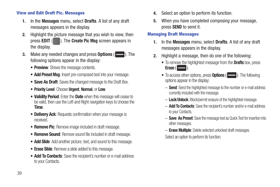 View and edit draft pic. messages, Managing draft messages | Samsung DFX-5000 User Manual | Page 42 / 112