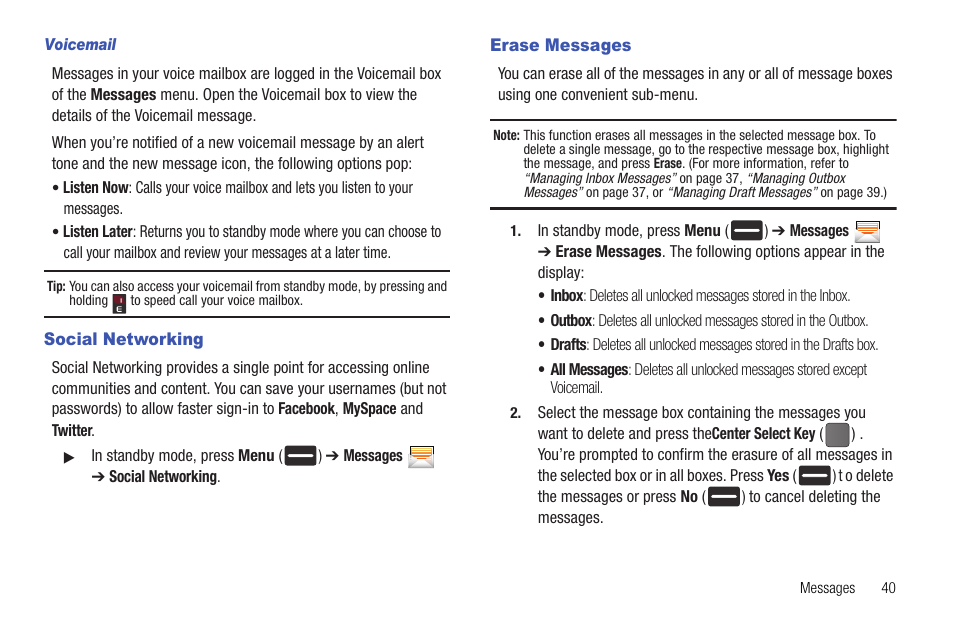 Voicemail, Social networking, Erase messages | Social networking erase messages | Samsung DFX-5000 User Manual | Page 43 / 112