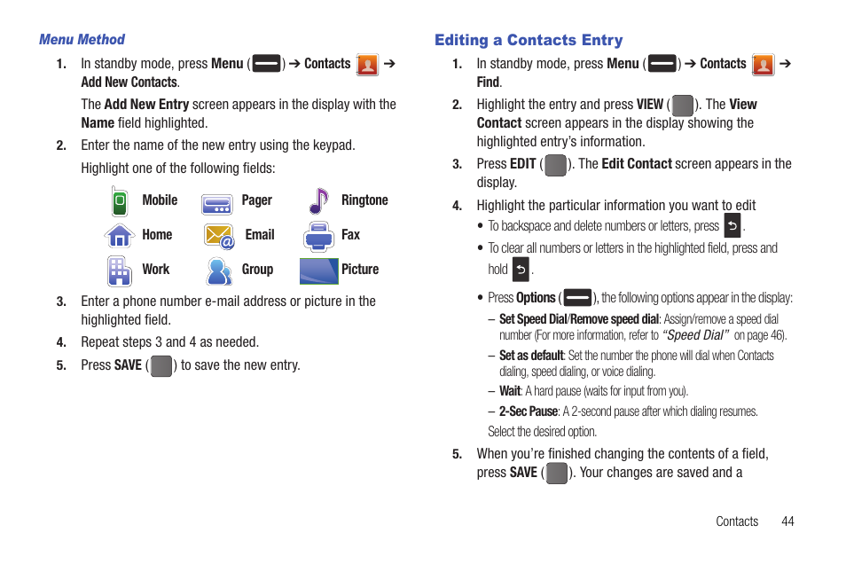 Menu method, Editing a contacts entry | Samsung DFX-5000 User Manual | Page 47 / 112