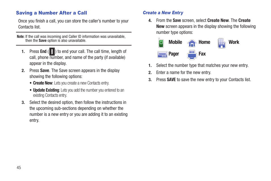 Saving a number after a call, Create a new entry | Samsung DFX-5000 User Manual | Page 48 / 112