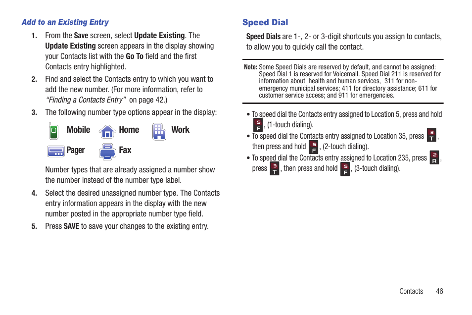 Add to an existing entry, Speed dial | Samsung DFX-5000 User Manual | Page 49 / 112