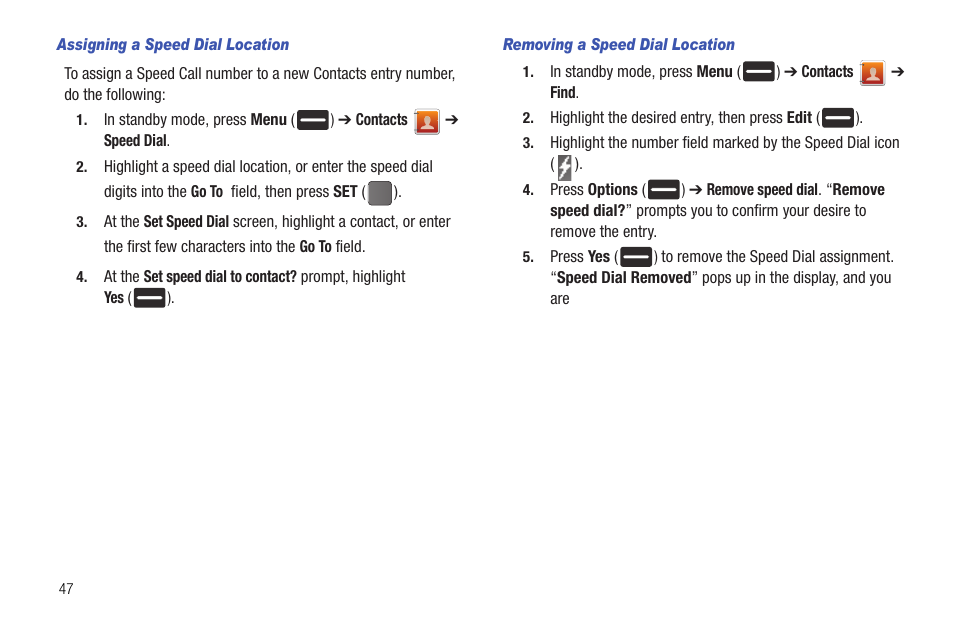 Assigning a speed dial location, Removing a speed dial location | Samsung DFX-5000 User Manual | Page 50 / 112