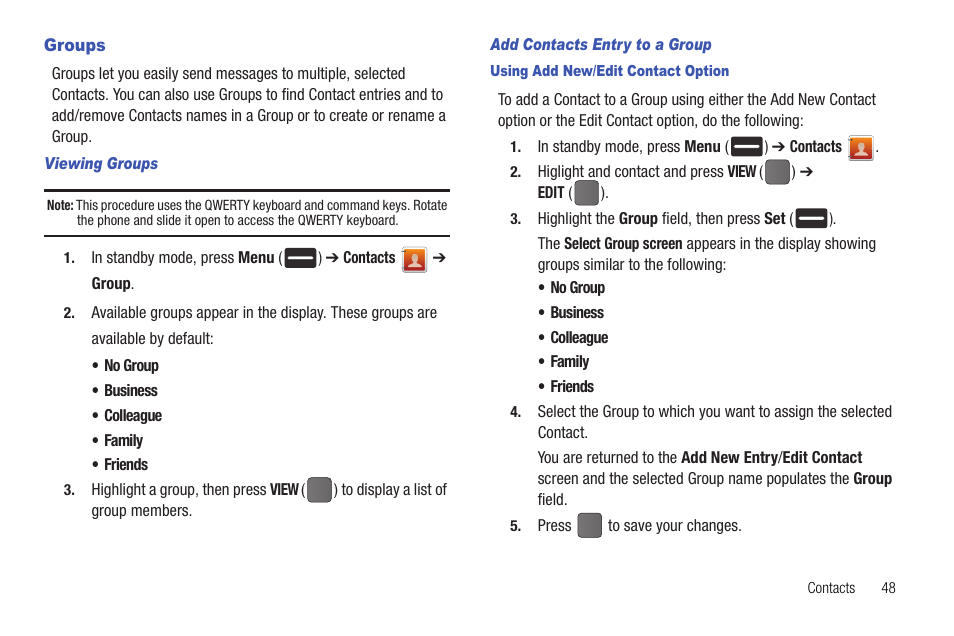Groups, Viewing groups, Add contacts entry to a group | Using add new/edit contact option | Samsung DFX-5000 User Manual | Page 51 / 112