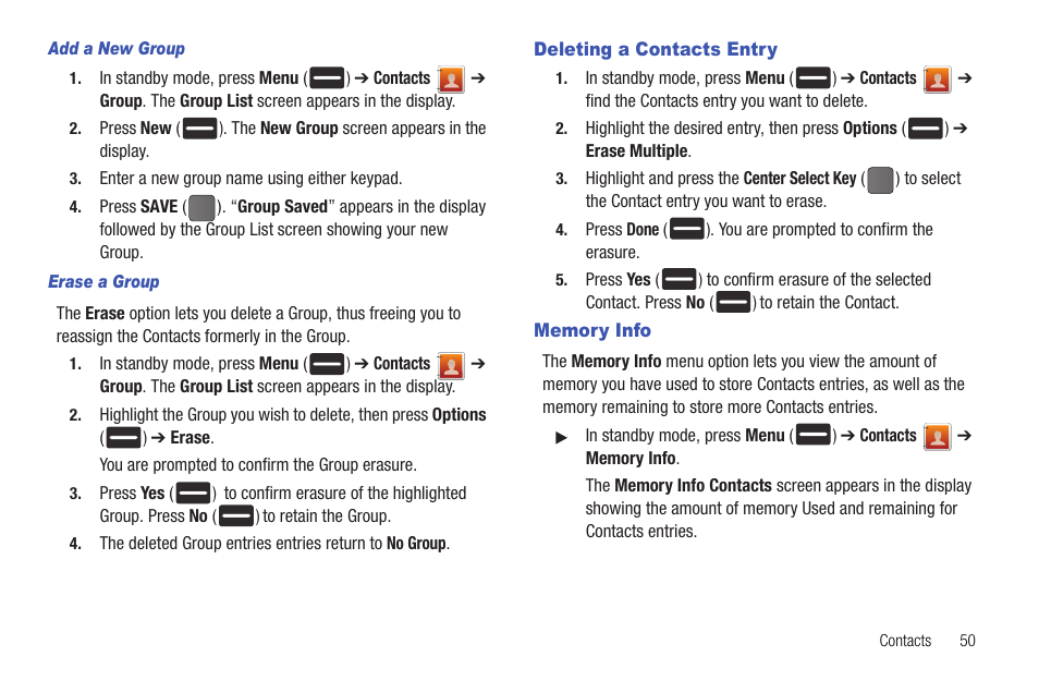 Add a new group, Erase a group, Deleting a contacts entry | Memory info, Deleting a contacts entry memory info | Samsung DFX-5000 User Manual | Page 53 / 112