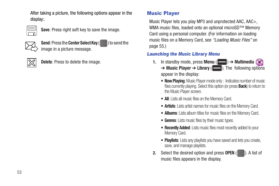 Music player, Launching the music library menu | Samsung DFX-5000 User Manual | Page 56 / 112