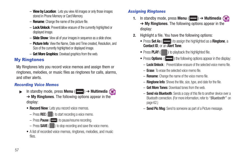 My ringtones, Recording voice memos, Assigning ringtones | Samsung DFX-5000 User Manual | Page 60 / 112
