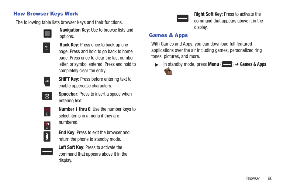 How browser keys work, Games & apps, How browser keys work games & apps | Samsung DFX-5000 User Manual | Page 63 / 112