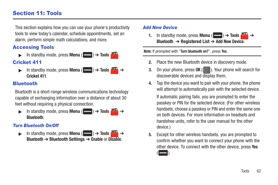 Section 11: tools, Accessing tools, Cricket 411 | Bluetooth, Turn bluetooth on/off, Add new device, Accessing tools cricket 411 bluetooth | Samsung DFX-5000 User Manual | Page 65 / 112