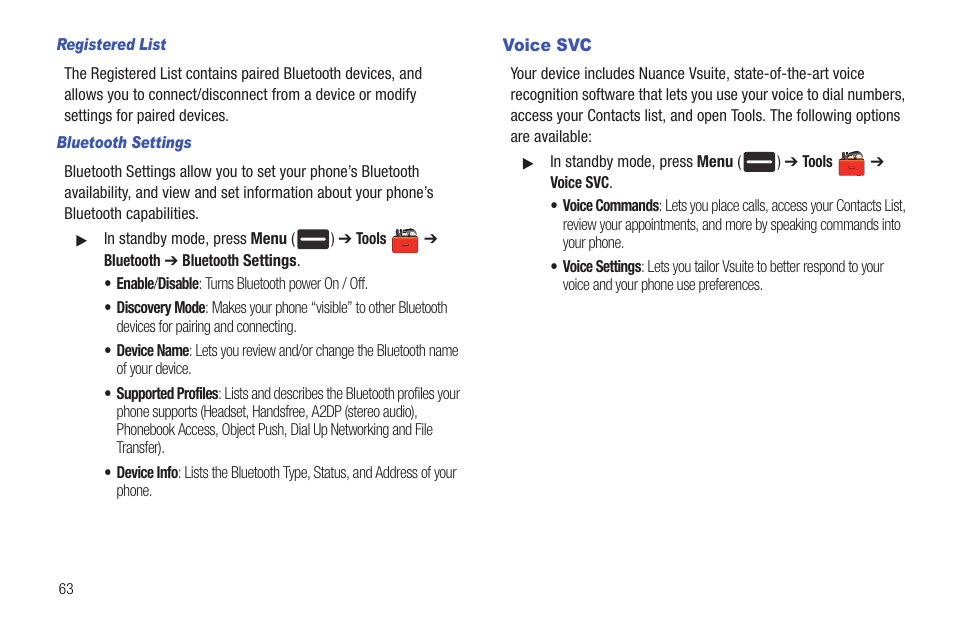 Registered list, Bluetooth settings, Voice svc | Samsung DFX-5000 User Manual | Page 66 / 112