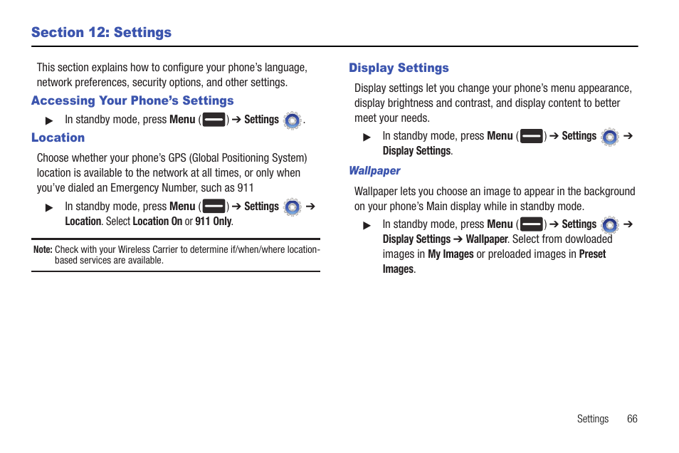 Section 12: settings, Accessing your phone’s settings, Location | Display settings, Wallpaper | Samsung DFX-5000 User Manual | Page 69 / 112