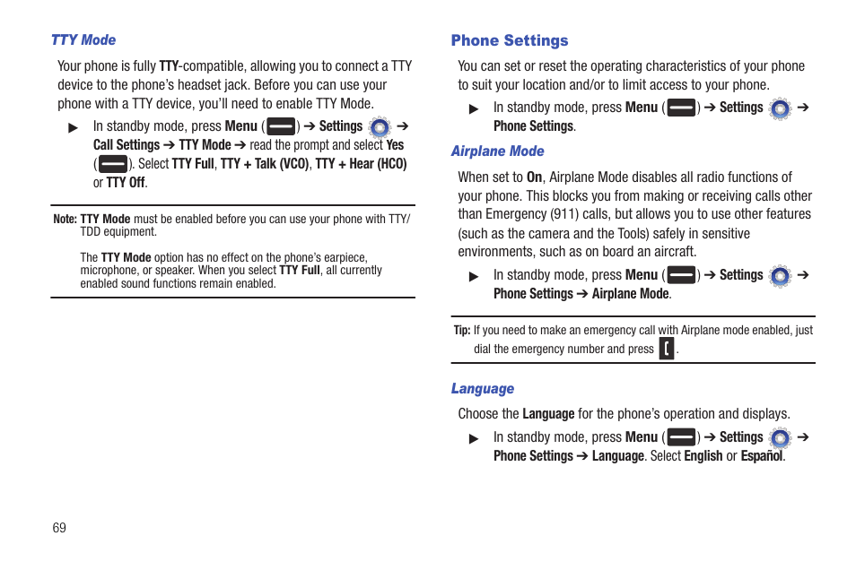 Tty mode, Phone settings, Airplane mode | Language | Samsung DFX-5000 User Manual | Page 72 / 112