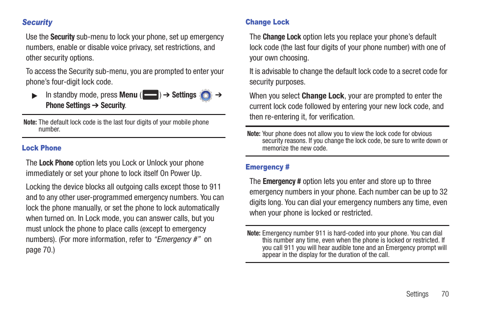 Security, Lock phone, Change lock | Emergency | Samsung DFX-5000 User Manual | Page 73 / 112