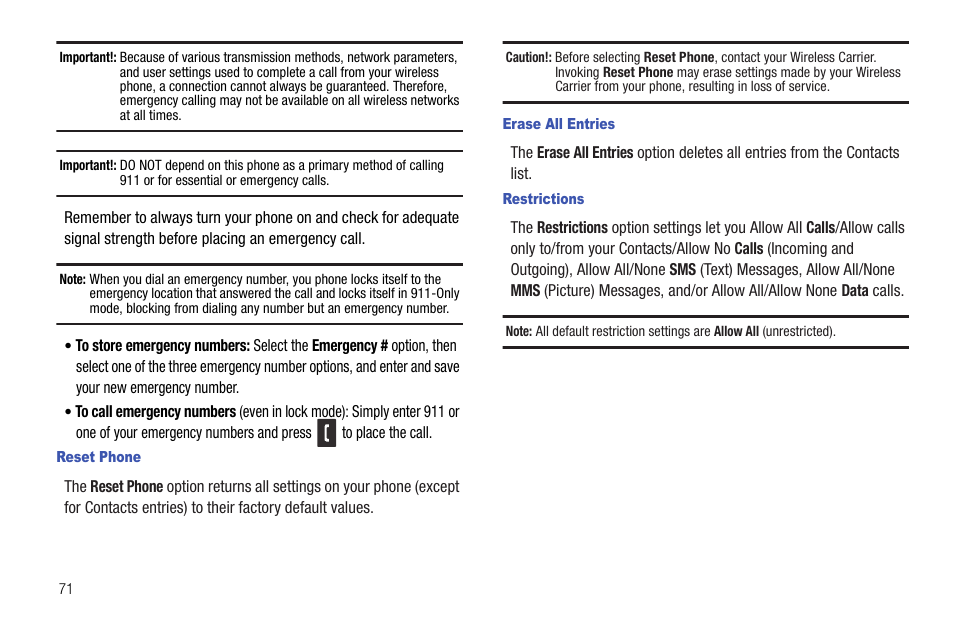 Reset phone, Erase all entries, Restrictions | Samsung DFX-5000 User Manual | Page 74 / 112