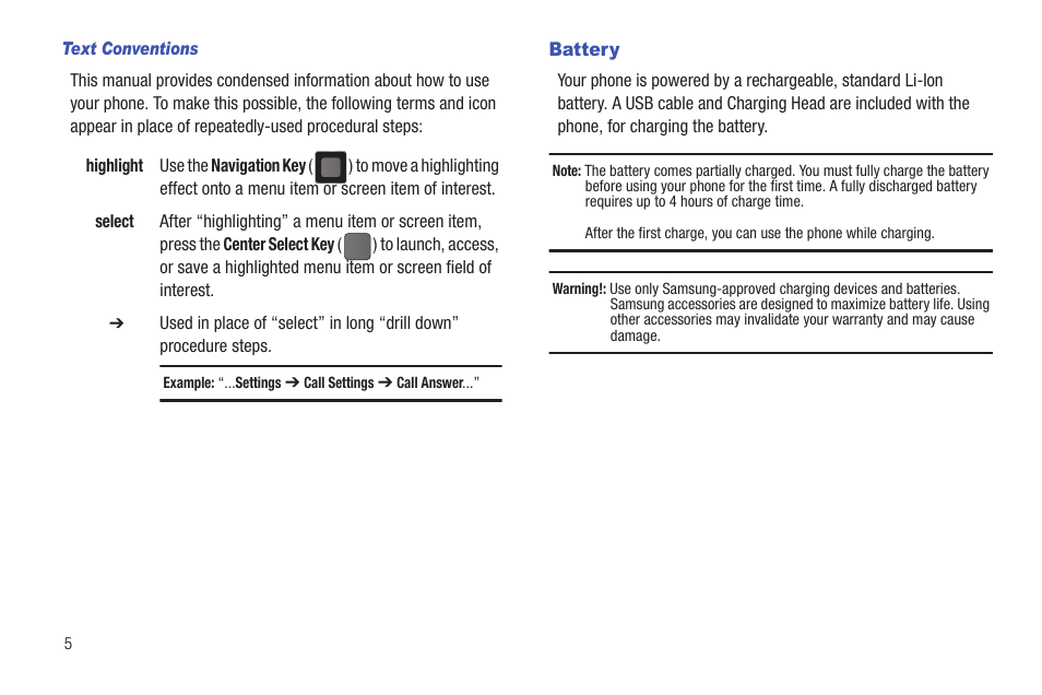 Text conventions, Battery | Samsung DFX-5000 User Manual | Page 8 / 112