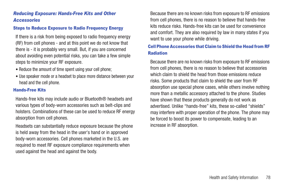 Steps to reduce exposure to radio frequency energy, Hands-free kits | Samsung DFX-5000 User Manual | Page 81 / 112