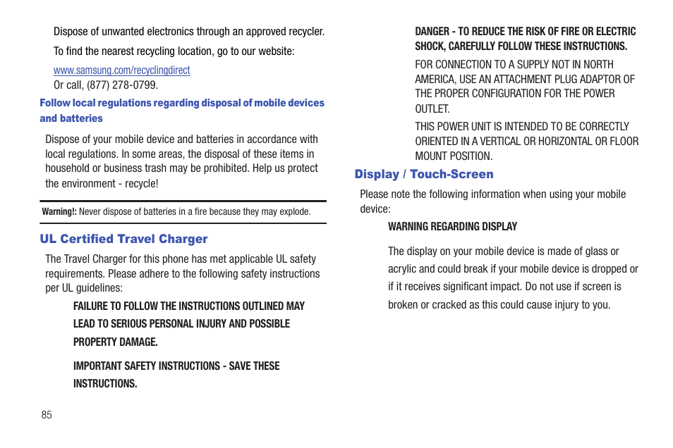 Ul certified travel charger, Display / touch-screen, Ul certified travel charger display / touch-screen | Samsung DFX-5000 User Manual | Page 88 / 112