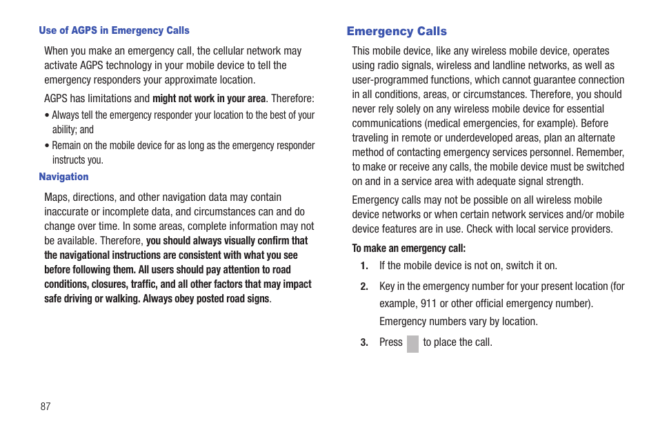 Use of agps in emergency calls, Navigation, Emergency calls | Samsung DFX-5000 User Manual | Page 90 / 112