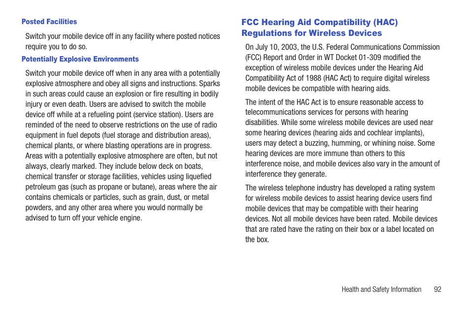 Posted facilities, Potentially explosive environments, Fcc hearing aid compatibility (hac) regulations | For wireless devices | Samsung DFX-5000 User Manual | Page 95 / 112