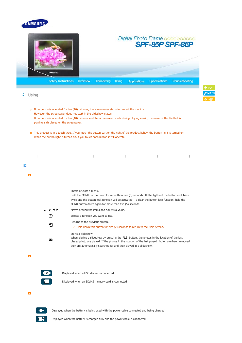 Using, Usage guide | Samsung SPF-86P User Manual | Page 13 / 29