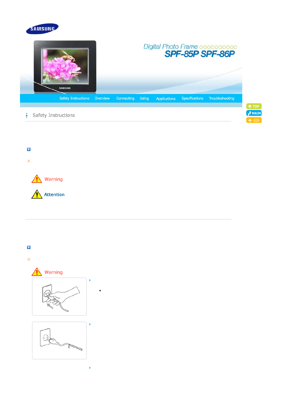 Safety instructions, Safety symbols, Power | Samsung SPF-86P User Manual | Page 2 / 29