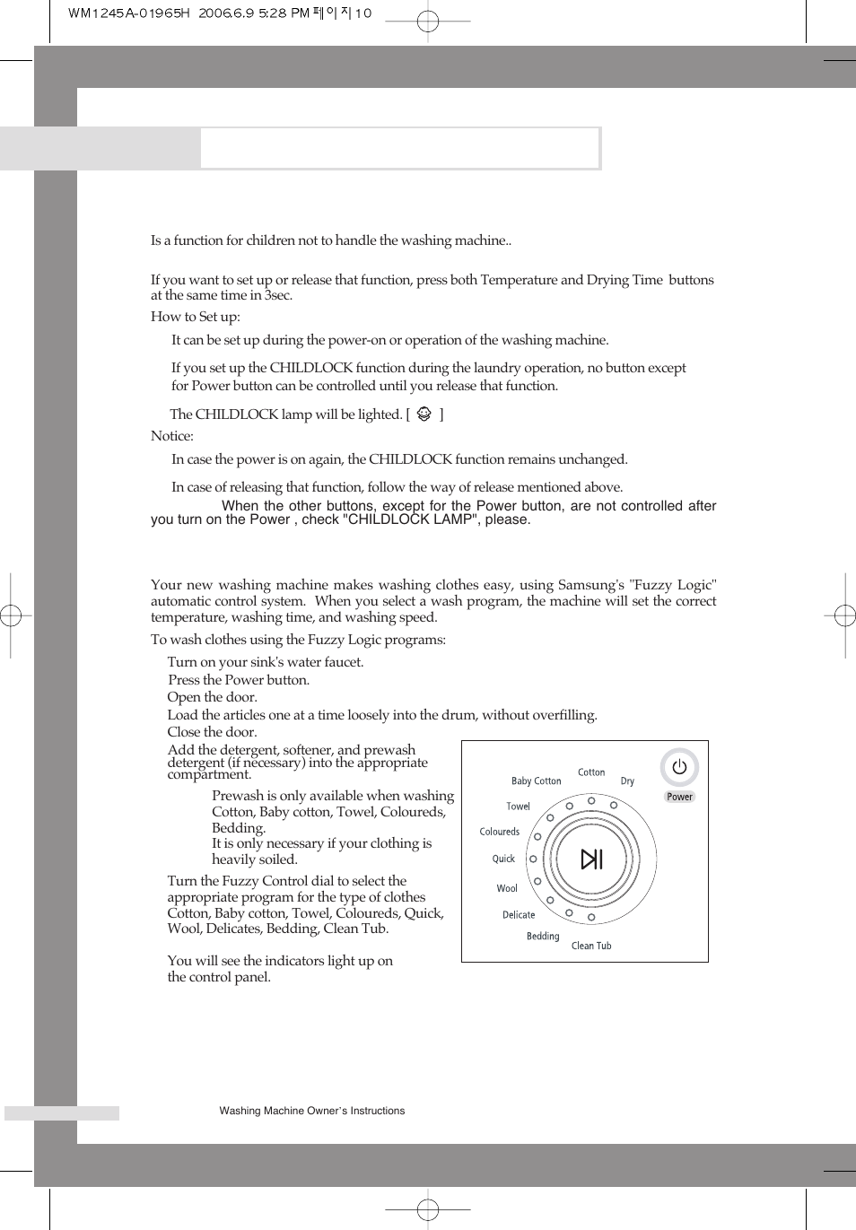 Washing a load of laundry, Childlock(button lock function), Washing clothes using fuzzy logic | Samsung WM1245A User Manual | Page 12 / 24