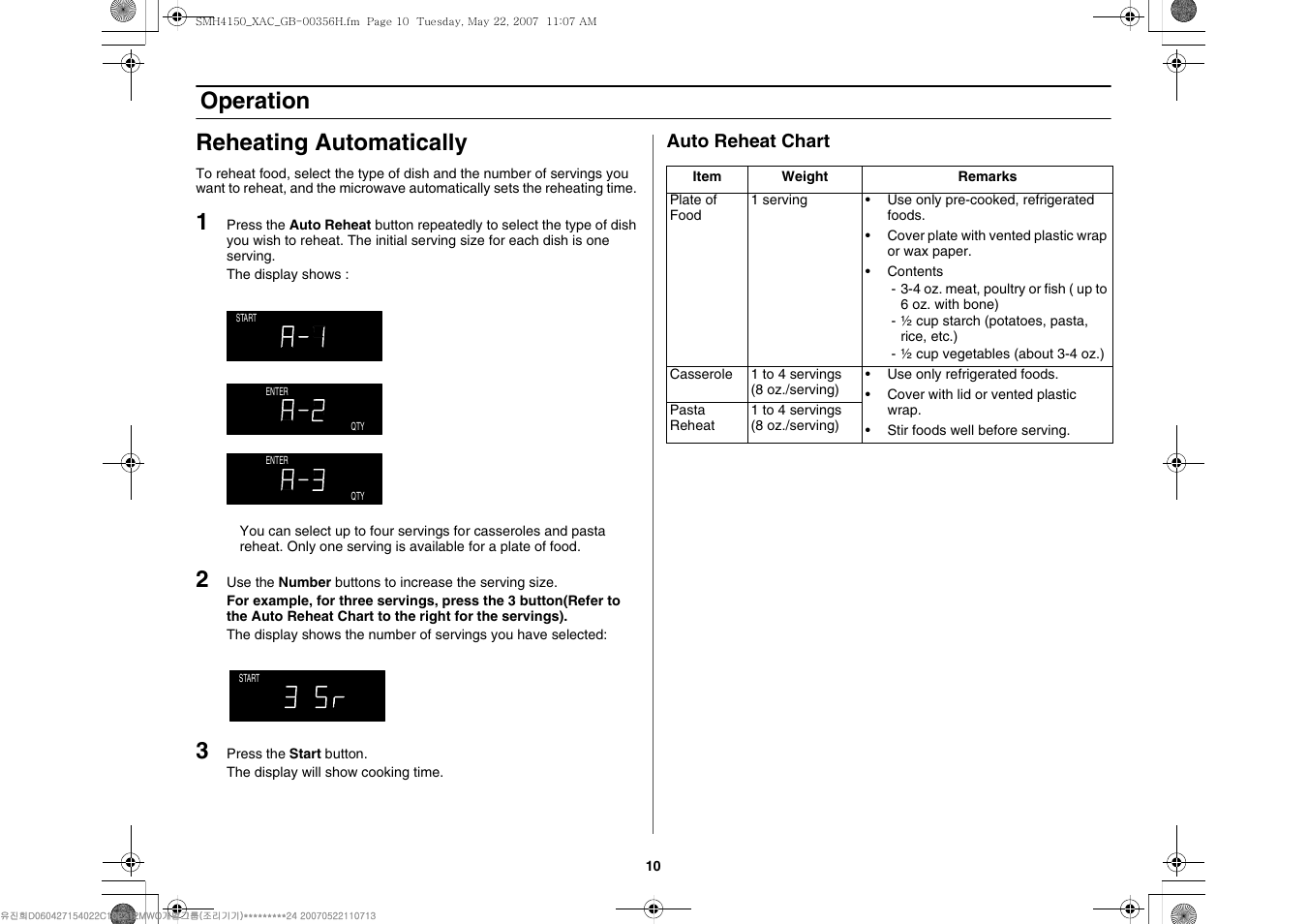 Operation reheating automatically | Samsung DE68-00356H-01 User Manual | Page 10 / 28