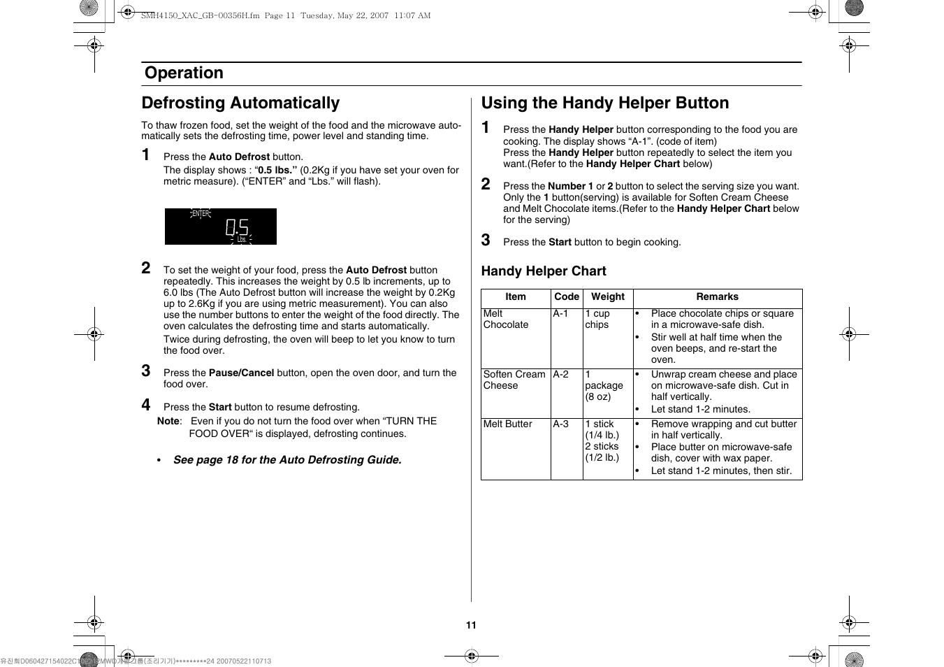 Operation defrosting automatically, Using the handy helper button 1 | Samsung DE68-00356H-01 User Manual | Page 11 / 28