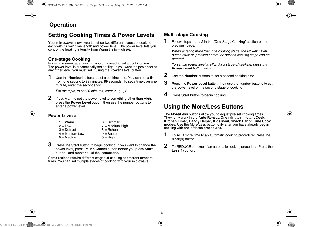 Operation setting cooking times & power levels, Using the more/less buttons | Samsung DE68-00356H-01 User Manual | Page 13 / 28