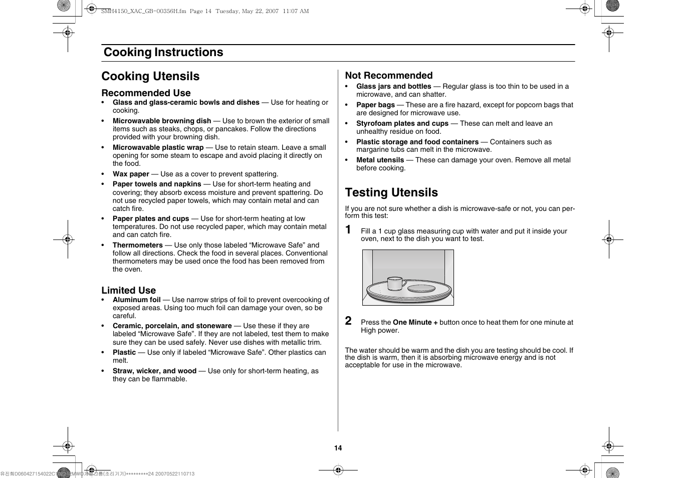 Cooking instructions, Cooking instructions cooking utensils, Testing utensils | Samsung DE68-00356H-01 User Manual | Page 14 / 28