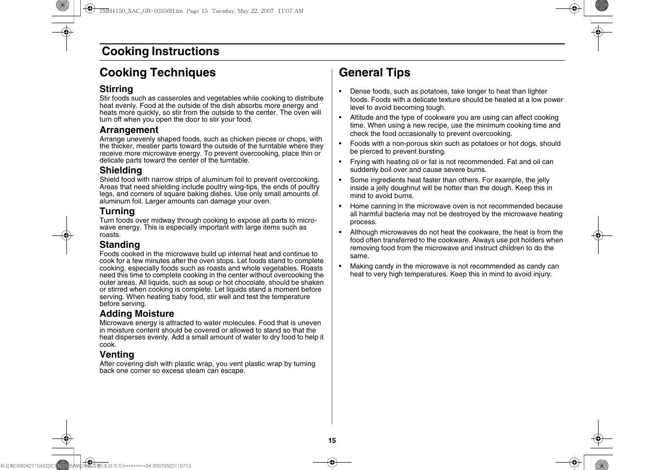 Cooking instructions cooking techniques, General tips | Samsung DE68-00356H-01 User Manual | Page 15 / 28