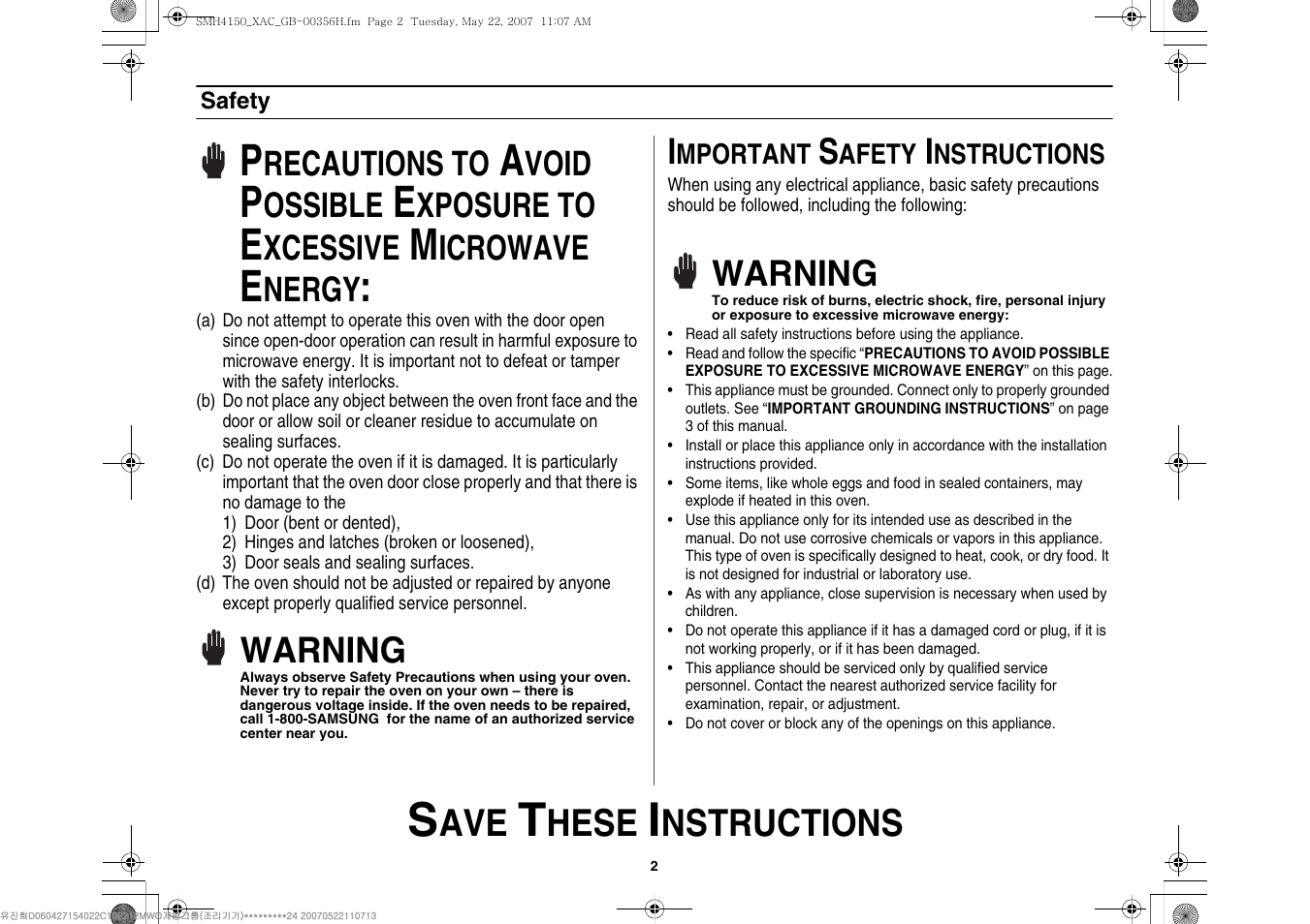 Safety, Hese, Nstructions | Warning, Recautions to, Void, Ossible, Xposure to, Xcessive, Icrowave | Samsung DE68-00356H-01 User Manual | Page 2 / 28
