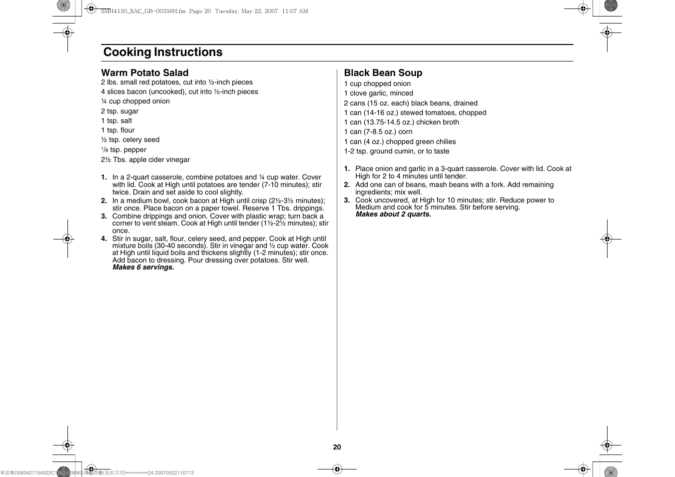 Cooking instructions | Samsung DE68-00356H-01 User Manual | Page 20 / 28