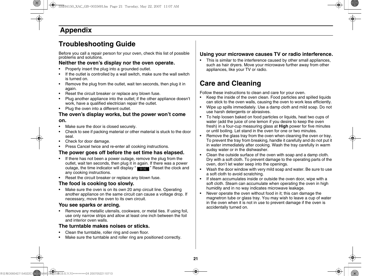 Appendix, Appendix troubleshooting guide, Care and cleaning | Samsung DE68-00356H-01 User Manual | Page 21 / 28