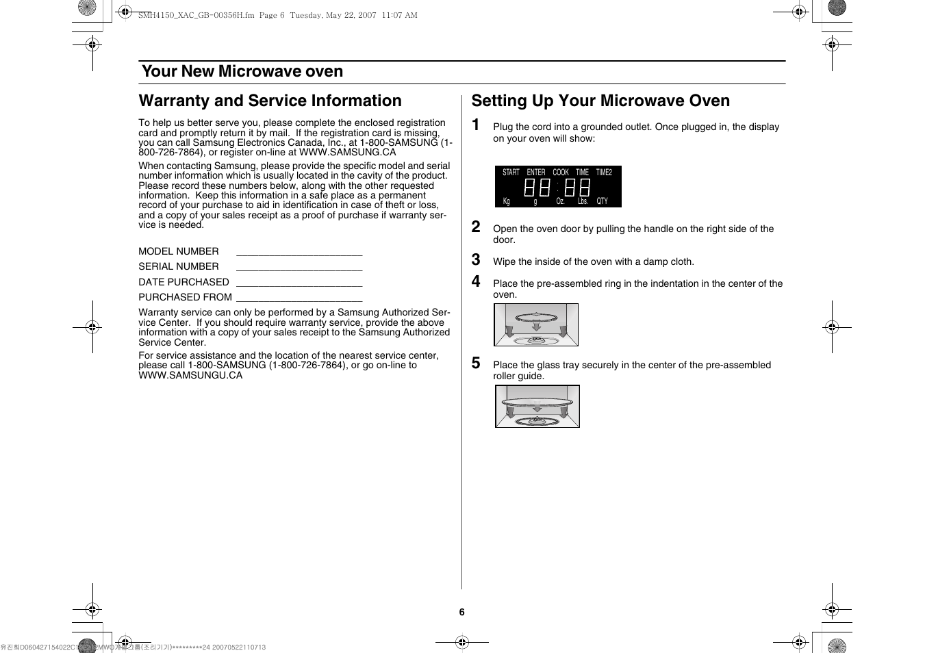 Setting up your microwave oven 1 | Samsung DE68-00356H-01 User Manual | Page 6 / 28