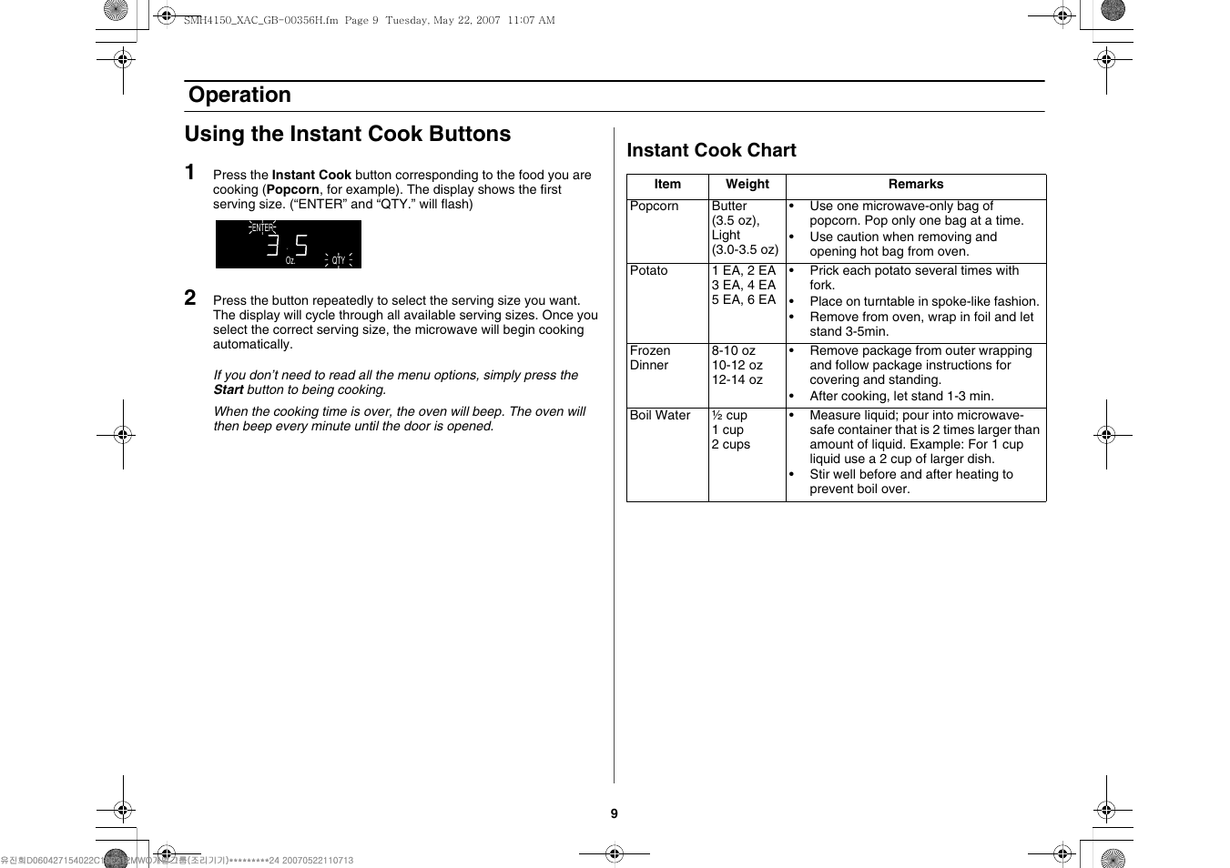 Operation using the instant cook buttons 1, Instant cook chart | Samsung DE68-00356H-01 User Manual | Page 9 / 28