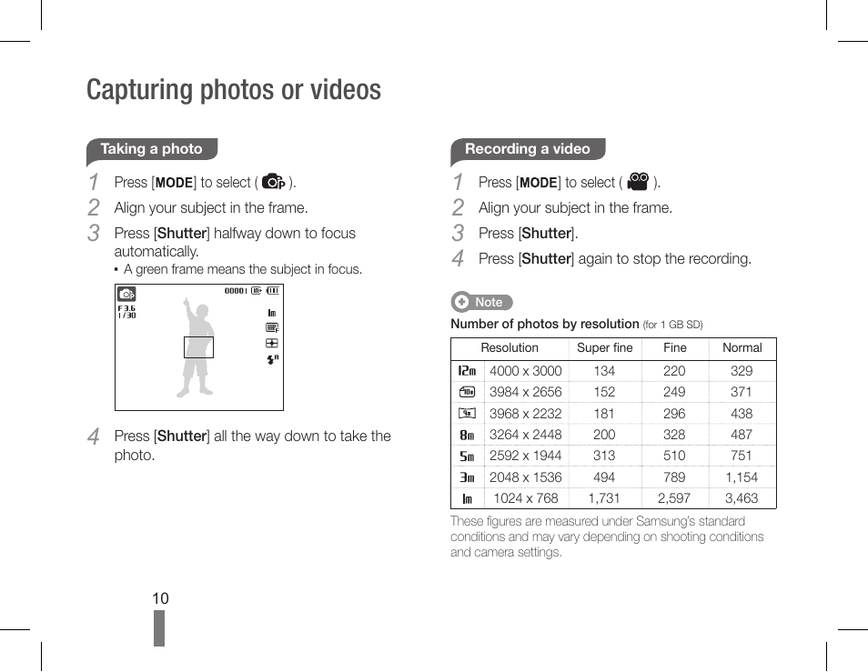 Capturing photos or videos | Samsung AD68-04851A User Manual | Page 10 / 44