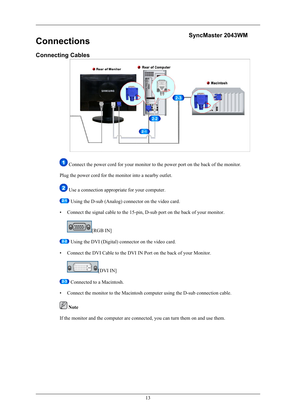 Connections, 2043wm, Connecting cables | Samsung 2043WM User Manual | Page 14 / 74