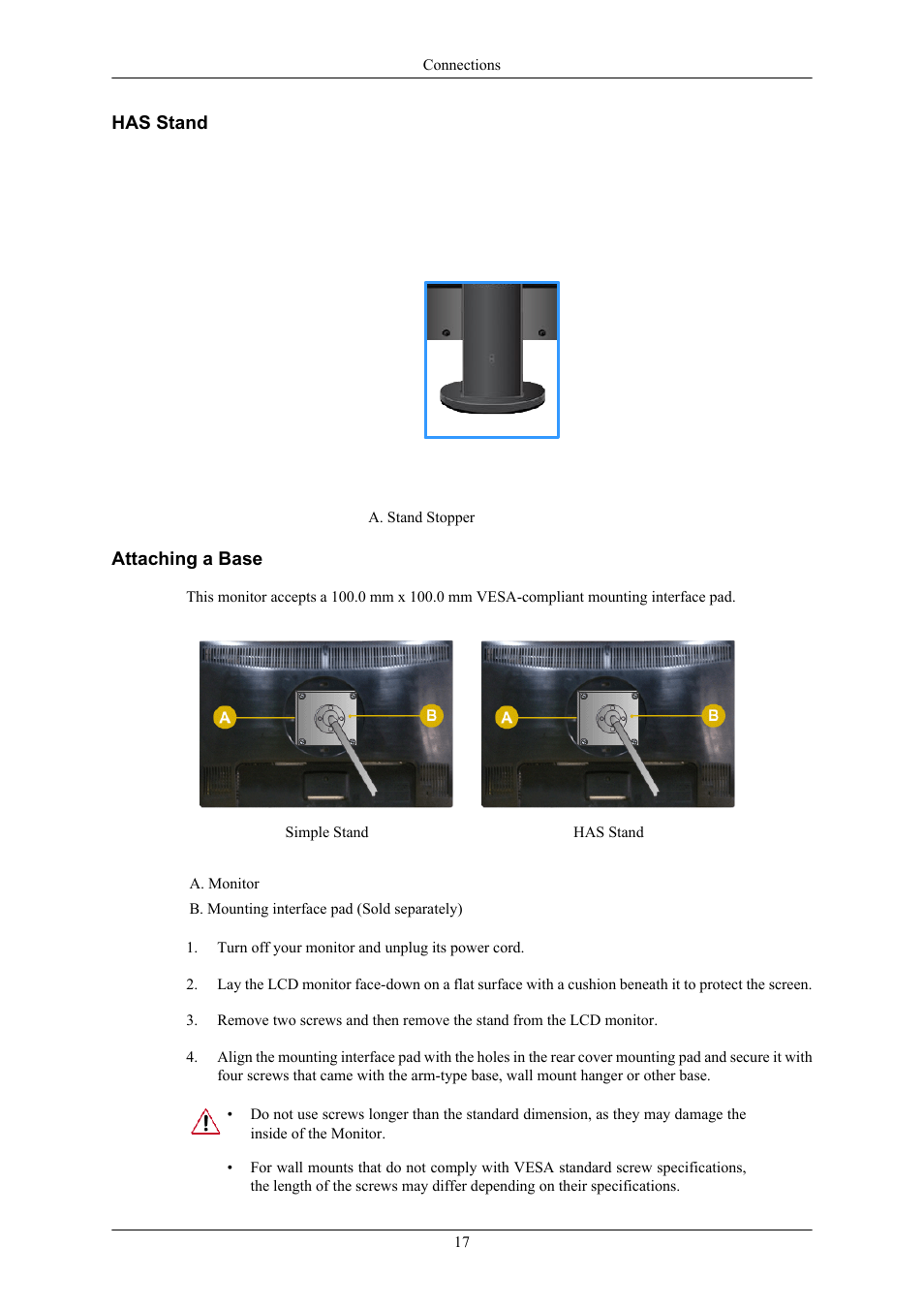 Has stand, Attaching a base | Samsung 2043WM User Manual | Page 18 / 74