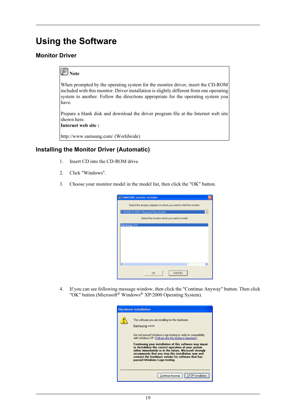 Using the software, Monitor driver, Installing the monitor driver (automatic) | Samsung 2043WM User Manual | Page 20 / 74