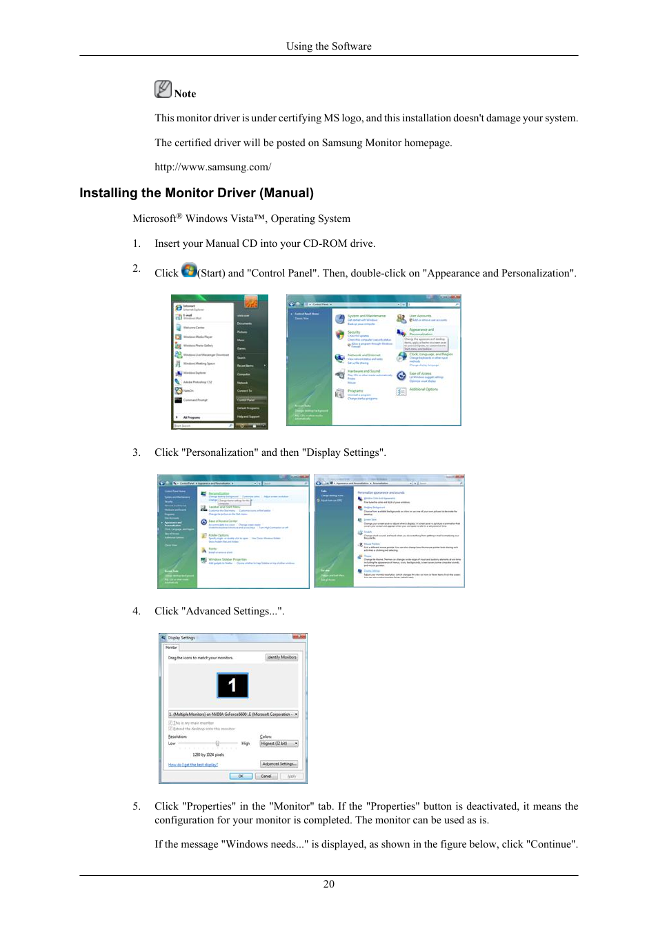 Installing the monitor driver (manual) | Samsung 2043WM User Manual | Page 21 / 74