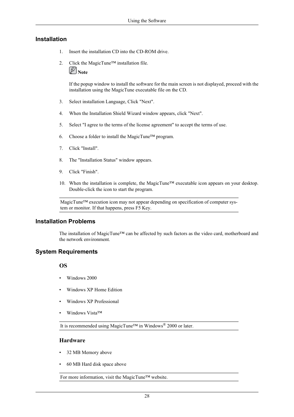 Installation, Installation problems, System requirements | Samsung 2043WM User Manual | Page 29 / 74