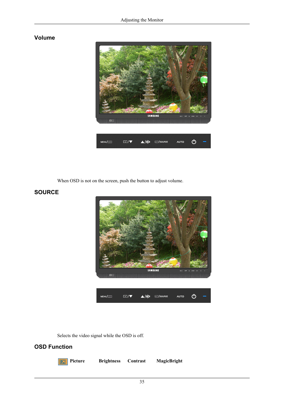 Volume, Source, Osd function | Samsung 2043WM User Manual | Page 36 / 74