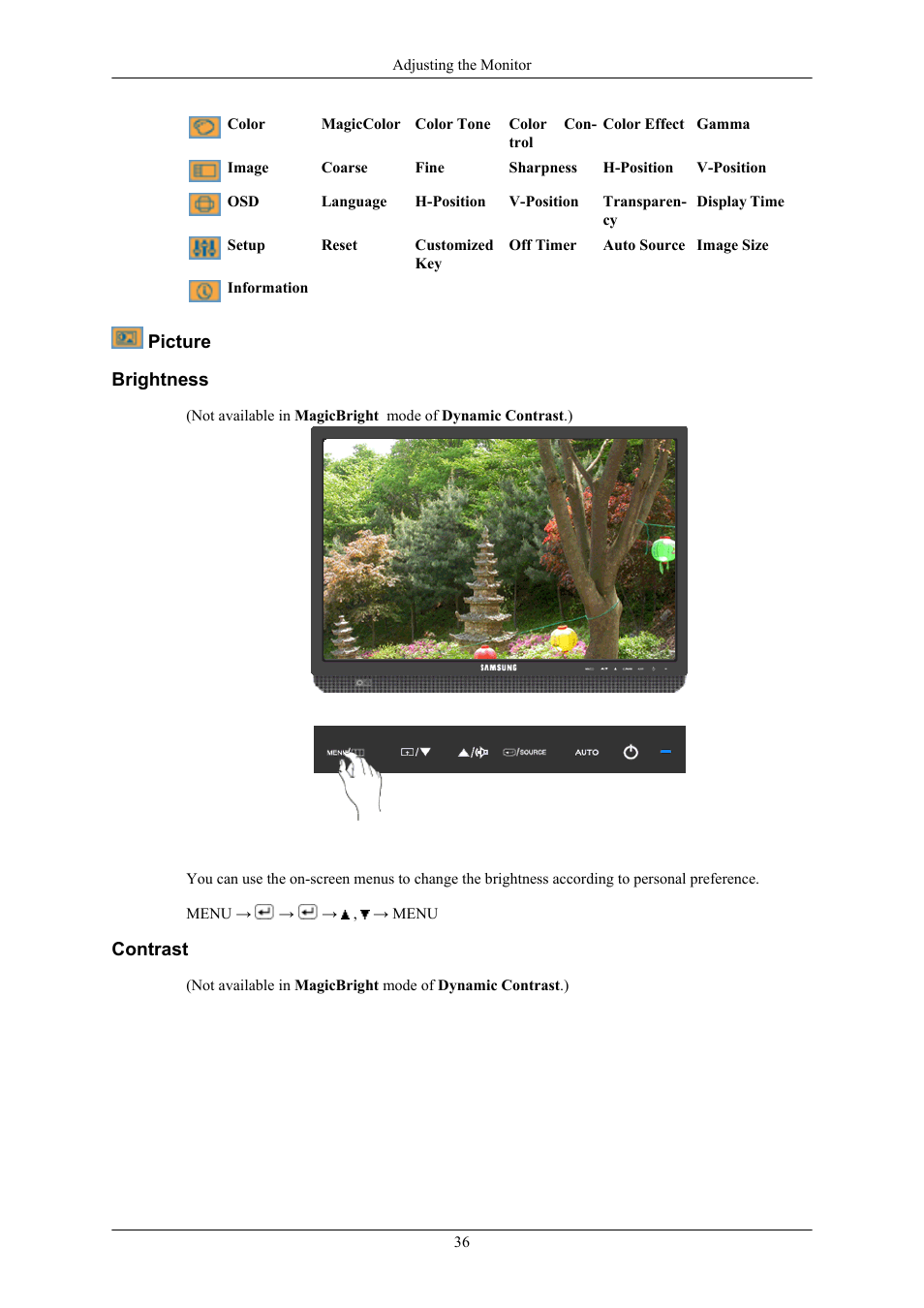 Picture, Brightness, Contrast | Samsung 2043WM User Manual | Page 37 / 74