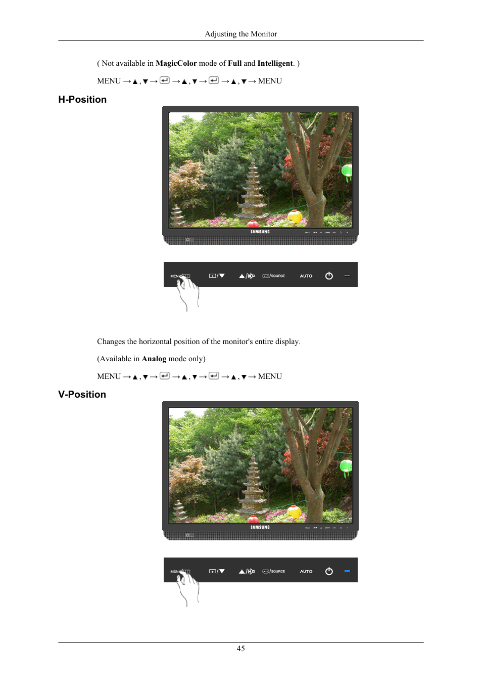H-position, V-position | Samsung 2043WM User Manual | Page 46 / 74