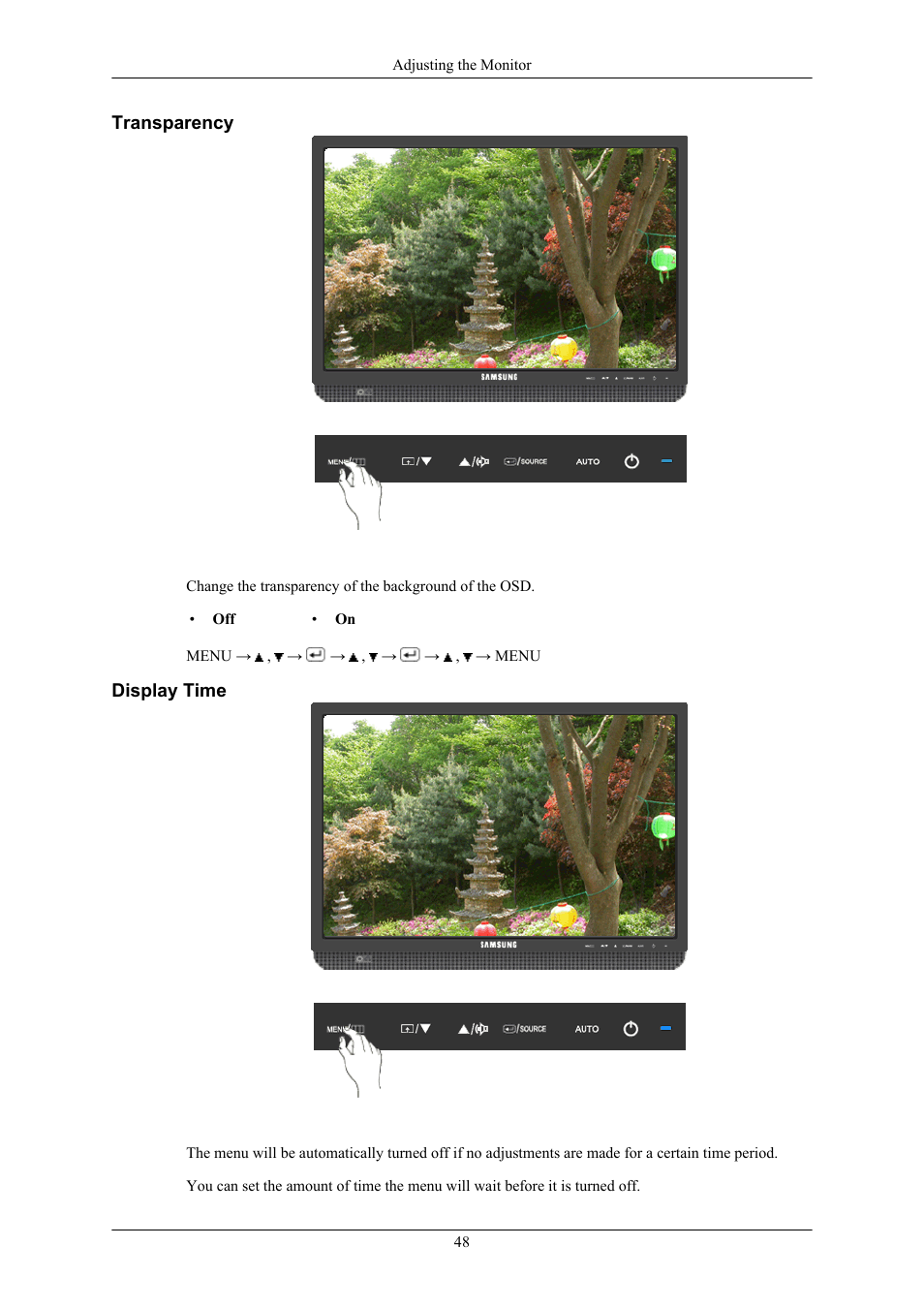 Transparency, Display time | Samsung 2043WM User Manual | Page 49 / 74
