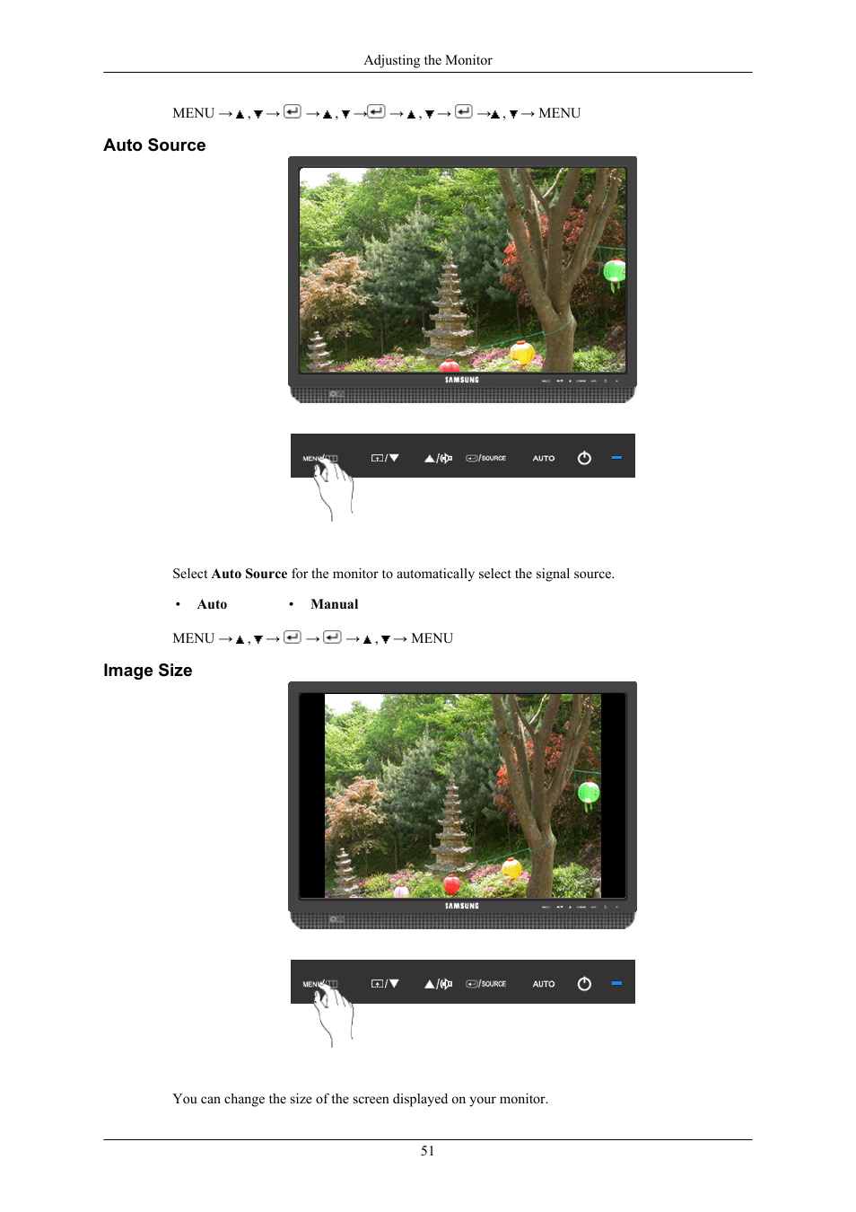 Auto source, Image size | Samsung 2043WM User Manual | Page 52 / 74